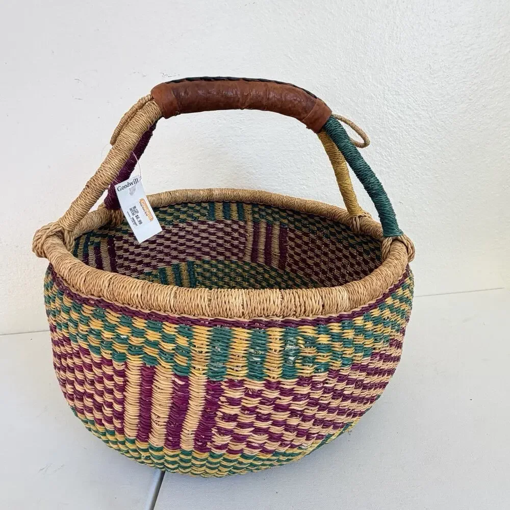 Vintage Handwoven African Bolga Market Basket Leather Handle Ghana Woven Tote 15